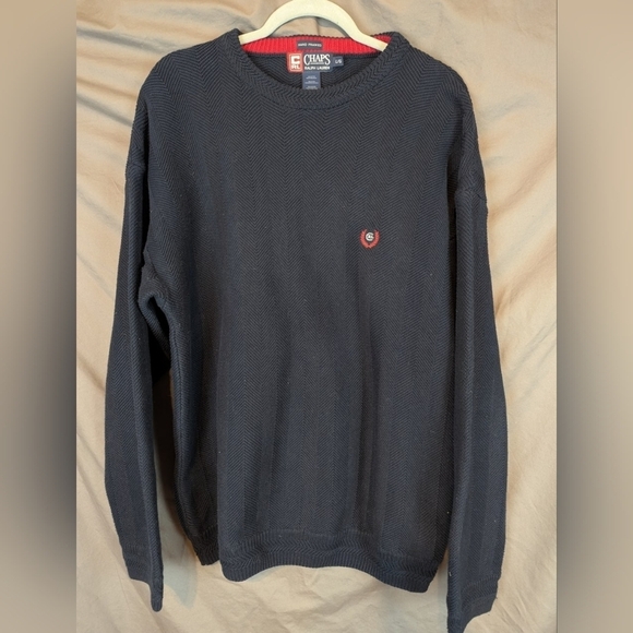 Chaps size large hand framed crew neck sweater in navy and red - Picture 1 of 10